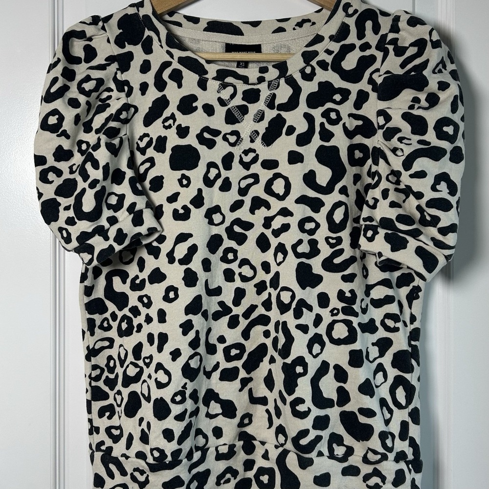 Who What‎ Wear Cream Black Leopard Print Puff Short Sleeve Cropped Sweater Top